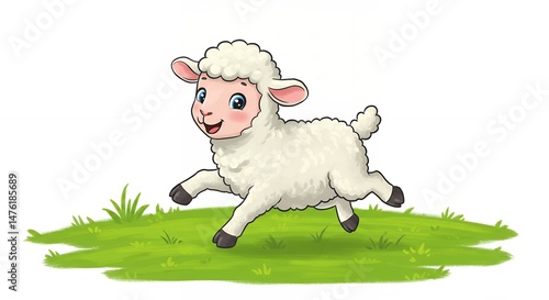 Cute cartoon sheep running on grass