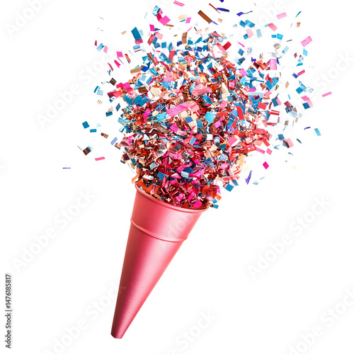 Colorful Confetti Exploding from Cone Against White or Transparent Background Celebration
