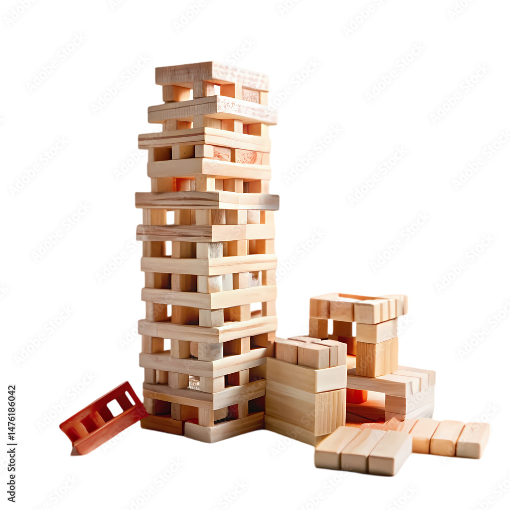Wooden Block Tower Jenga Game Building Blocks Construction Toy Architecture Model on transparent background Wooden Block Tower Jenga Game Building Blocks Construction Toy Architecture Model on transparent background
