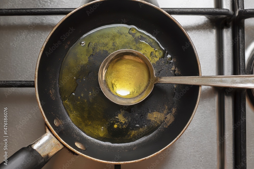 Used cooking oil and ladle in frying pan on stove