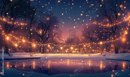 vibrant depiction of a snowy park with a frozen pond surrounded by trees strung with glowing lights, Generative AI