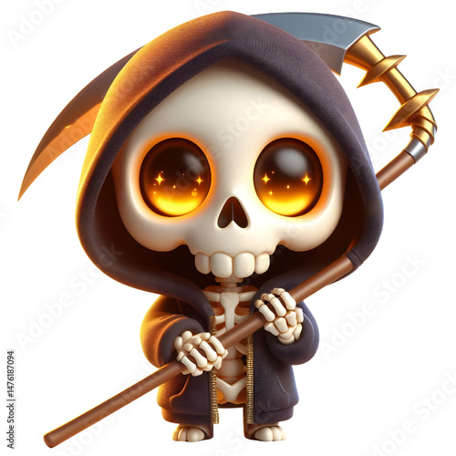 BLACK Cute 3d skeleton wearing a hoodie and holding a scythe isolated on white background