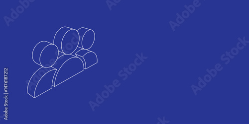 The outline of a large people symbol made of white lines on the left. 3D view of the object in perspective. Vector illustration on indigo background