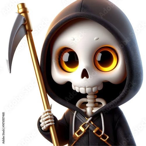 BLACK Cute 3d skeleton wearing a hoodie and holding a scythe isolated on white background