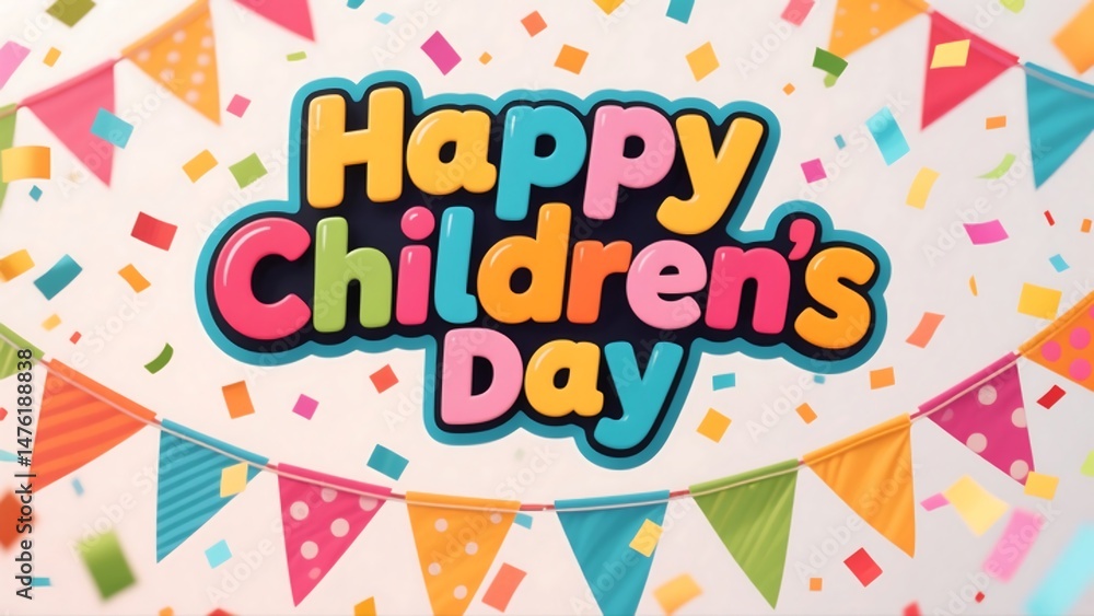 Happy Children's Day text with colorful confetti, triangular flags, and ribbons, creating a festive and joyful atmosphere, designed in ultra HD 8K resolution. Happy Children's Day text with colorful confetti, triangular flags, and ribbons, creating a festive and joyful atmosphere, designed in ultra HD 8K resolution.