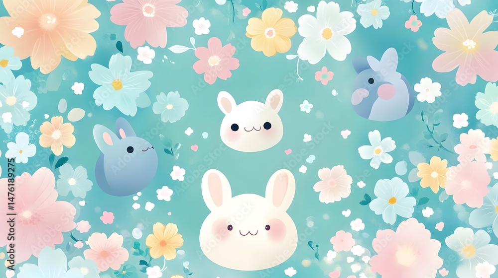 Fototapeta premium Cute rabbits among pastel flowers, a springy design.