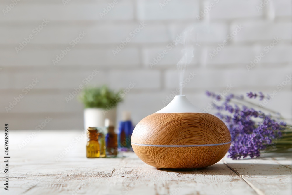 Aroma oil diffuser on white wooden table