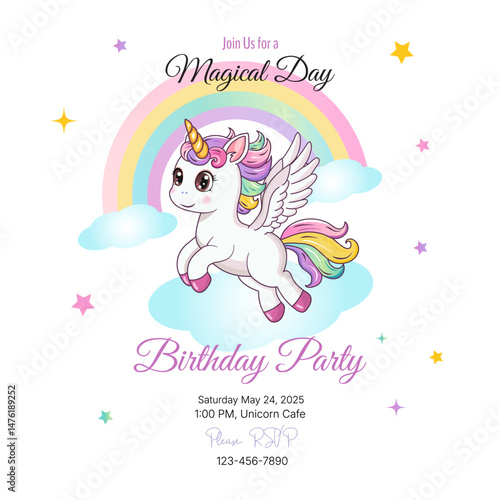 Birthday party invitation. Template. Cute unicorn on a rainbow background. Vector illustration