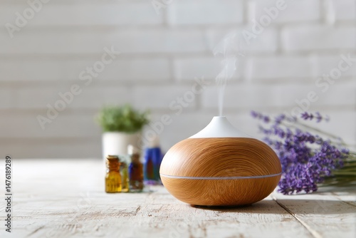 Aroma oil diffuser on white wooden table