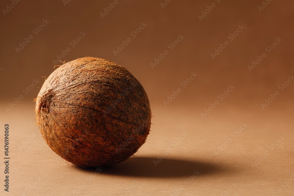 One whole coconut in shell on brown background