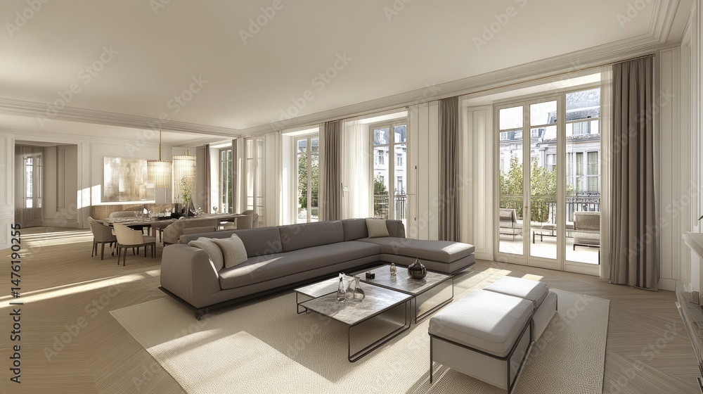 Fototapeta premium Spacious modern living room design, showcasing light and airy interior.