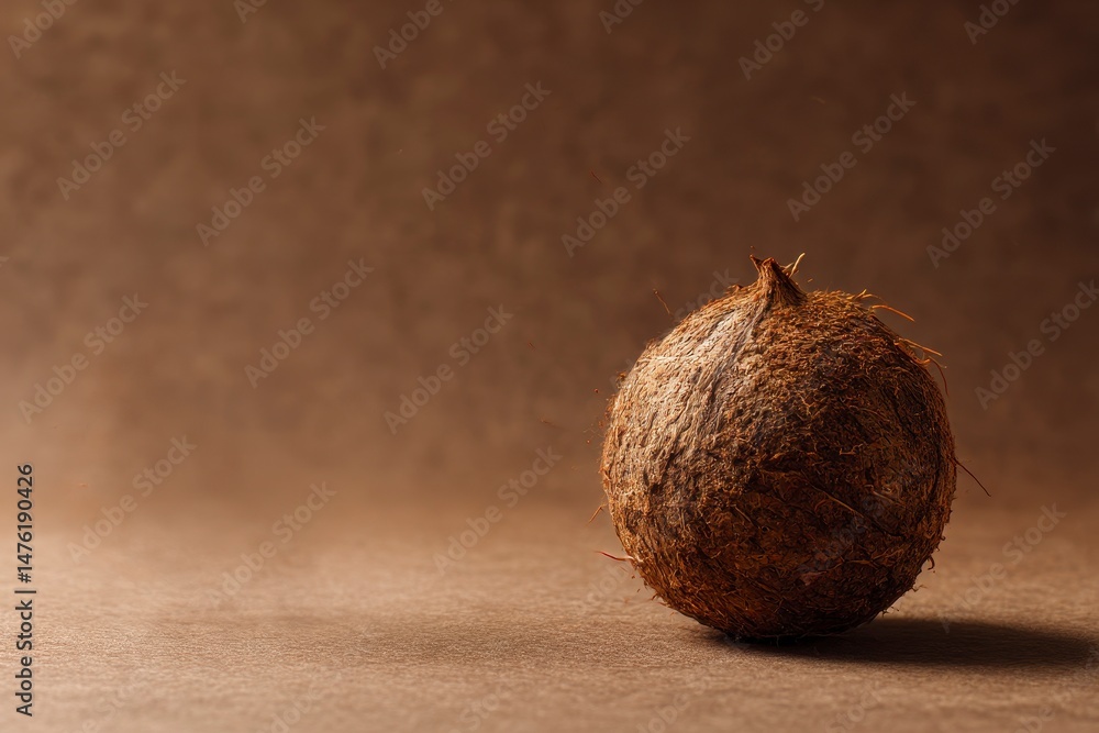 One whole coconut in shell on brown background