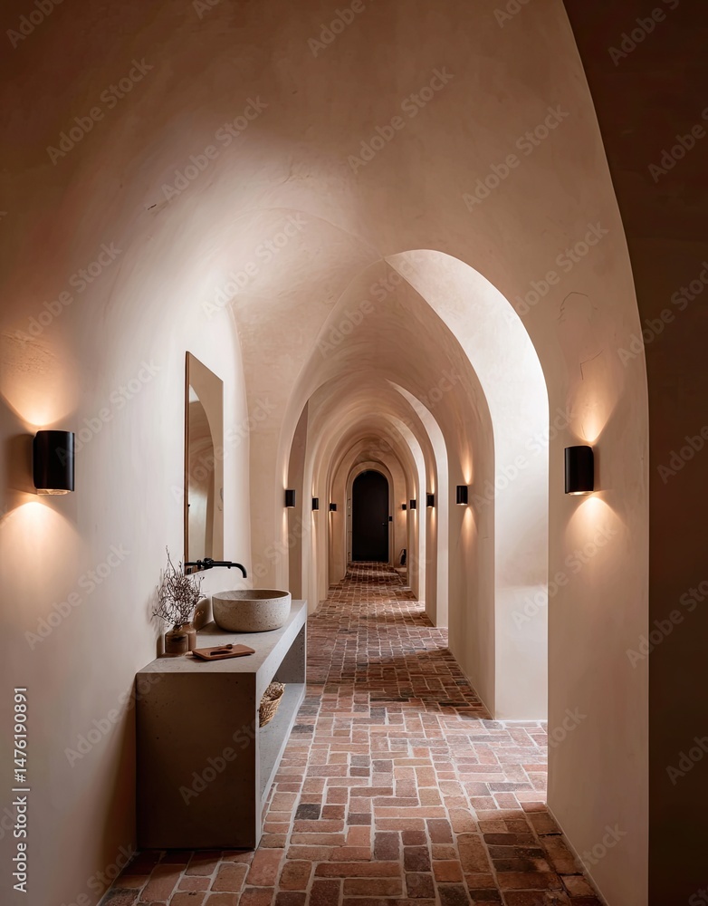 Fototapeta premium Serene, arched hallway with terracotta brick flooring