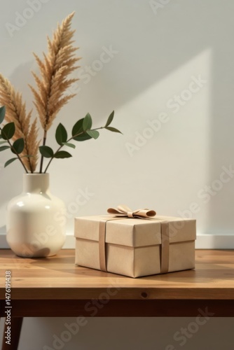 A thoughtfully presented gift box rests on a light wooden surface, adjacent to a vase holding dried pampas grass and eucalyptus branches, bathed in soft natural light.