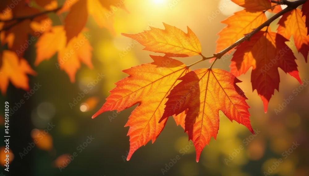Vibrant autumn leaves sway gently on a branch, sunlight dappling through , golden, majestic Vibrant autumn leaves sway gently on a branch, sunlight dappling through , golden, majestic