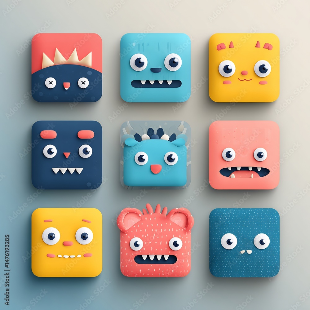 Obraz premium Collection of diverse squared cartoon monsters in vibrant playful presentation