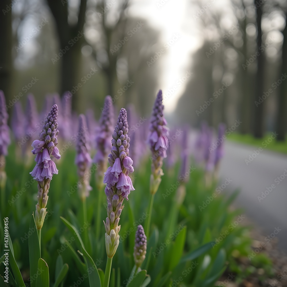 Obraz premium Capullos de flores de iris floreciendo en la calle arbolada del parque