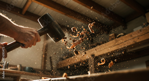 Powerful mallet strikes wood showering sparks pure craftsmanship passion unleashed