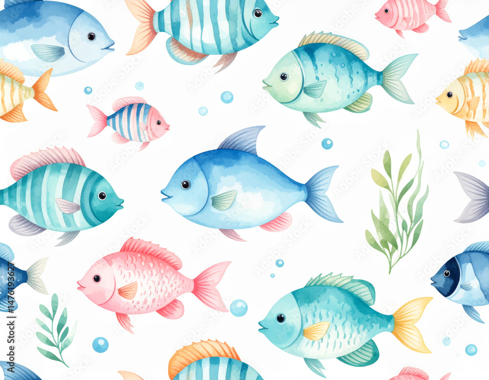 Naklejka premium Colorful fish swim gracefully in vibrant underwater scene, showcasing various species with unique patterns and hues. playful design evokes sense of joy and tranquility