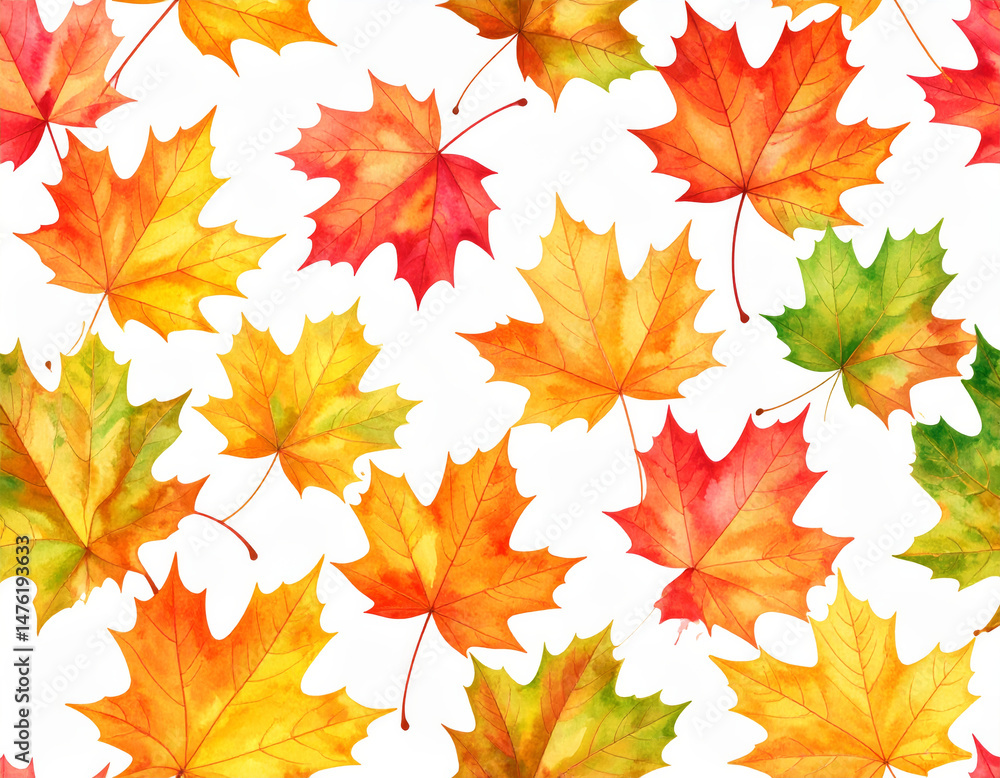 Fototapeta premium Beautiful autumn leaves in vibrant shades of red, orange, and yellow create seamless pattern, evoking sense of warmth and nostalgia. delicate details of each leaf enhance seasonal charm