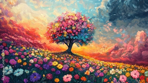Colorful flower-filled landscape with a vibrant tree.