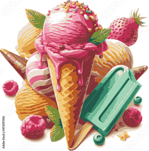 This eye-catching illustration showcases various ice creams and fruits in bright, mouthwatering colors. Great for summer-themed designs, food product branding, digital menus, and restaurant promotions