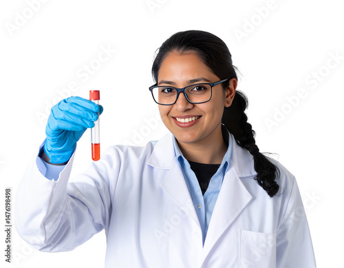 Scientist happily shows blood sample tube