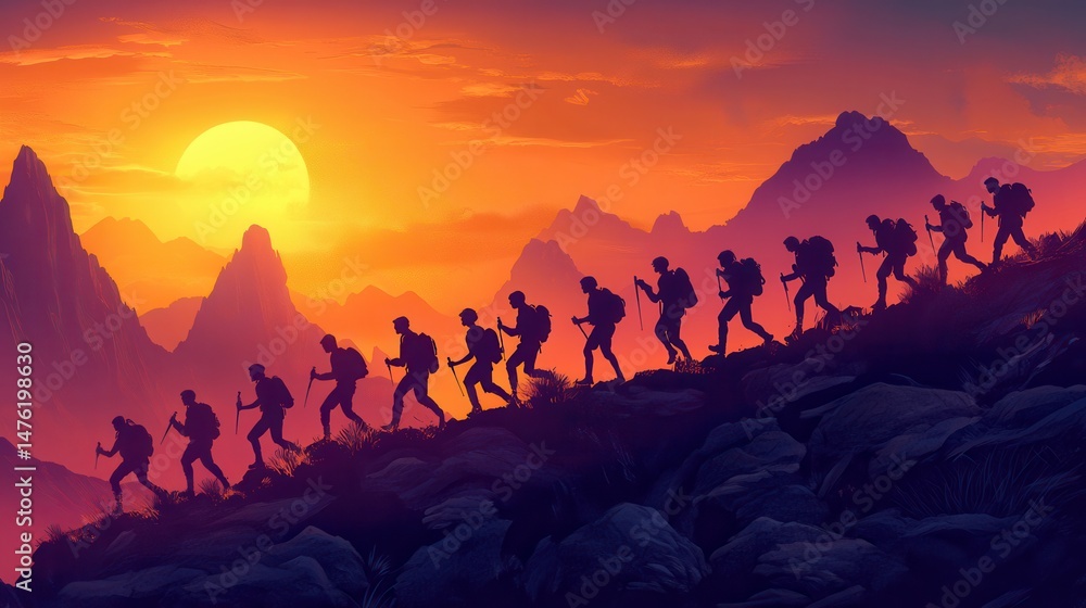 Fototapeta premium Group of hikers ascending a mountain trail at sunset with vibrant colors in the sky