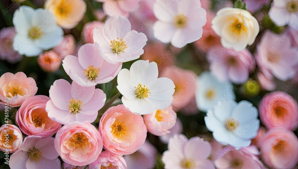 Fototapeta premium Delicate Spring Flowers in Shades of Pink, White, and Blue Against a Blurred Background