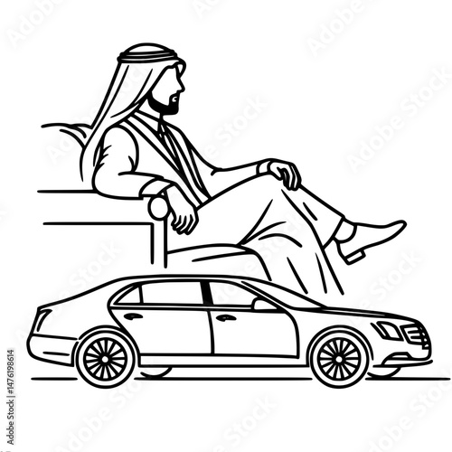 Line art drawing of arabian man in traditional clothes sitting near car, vector image with single line outline