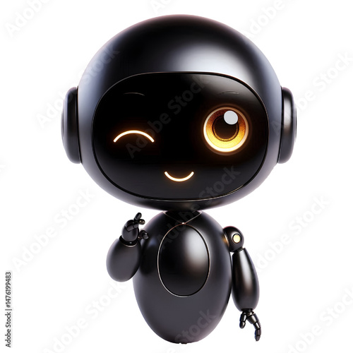 Cute 3D AI black robot with golden eyes looking at camera smiling and winking isolated on white background