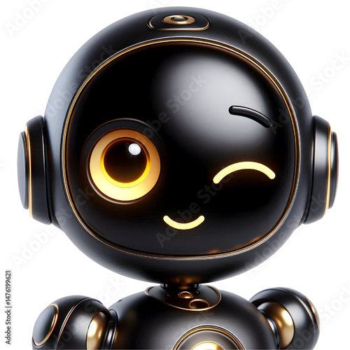 Cute 3D AI black robot with golden eyes looking at camera smiling and winking isolated on white background