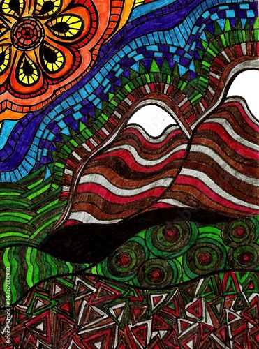 A vibrant abstract wave surges through a blue void, flanked by a fiery orange blossom—a psychedelic dance of geometric shapes in electrifying colors