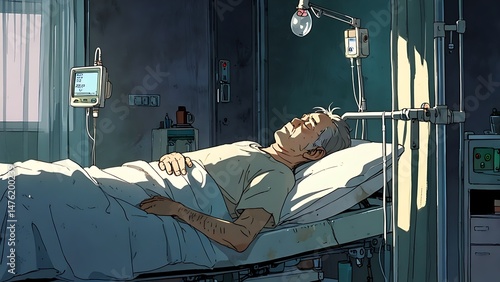 old man lies on a hospital bed  cartoon anime style 