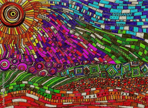 A vibrant abstract explosion of geometric shapes and a radiant sun bursts with rainbow hues—dynamic movement and joyful energy in every brushstroke