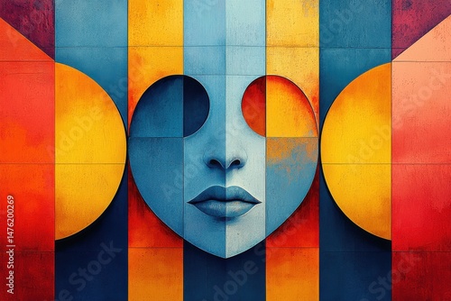 Abstract geometric design with gold and orange elements on textured background