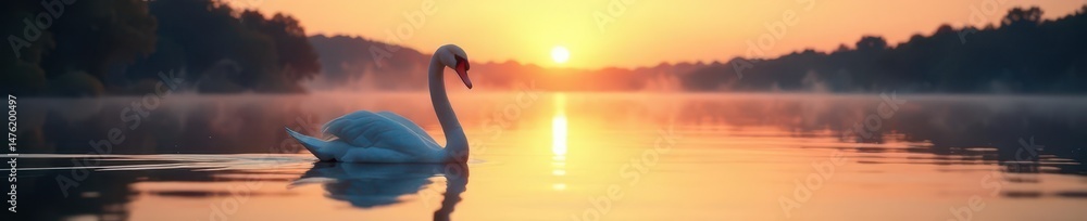 Fototapeta premium Swan's flawless reflection, blurred sunset horizon, minimalist scene , still, peaceful