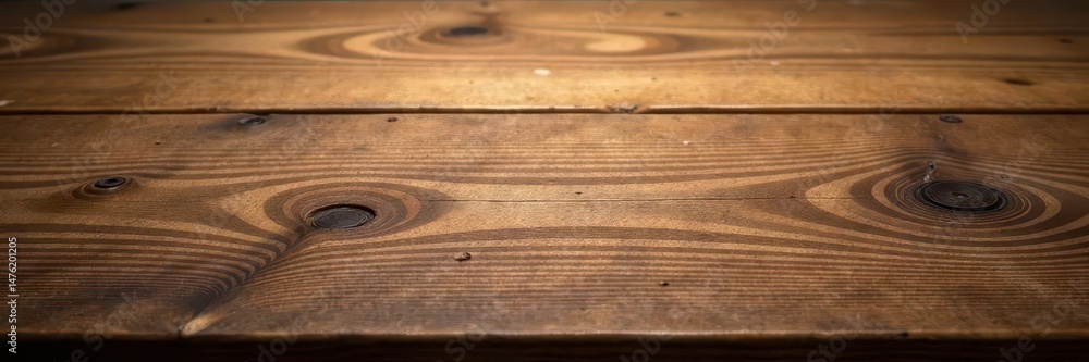 Fototapeta premium Warm, rustic wooden tabletop; rich grain, knots visible , natural wood, wood