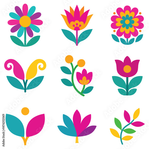 Collection of Mexican Otomi flower illustration, Vibrant Fiesta Flower leaf Art, Colorful floral Design, Colorful Mexican Flower Fiesta clipart