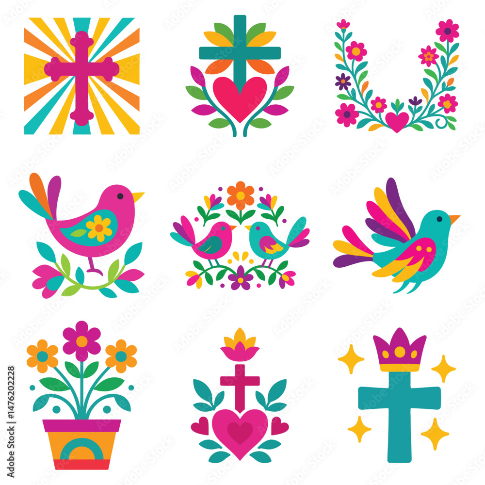 Obraz premium Set of Mexican Otomi Bird illustration, colorful Otami fiesta flowers Art, Cute colorful mexican Design Sublimation