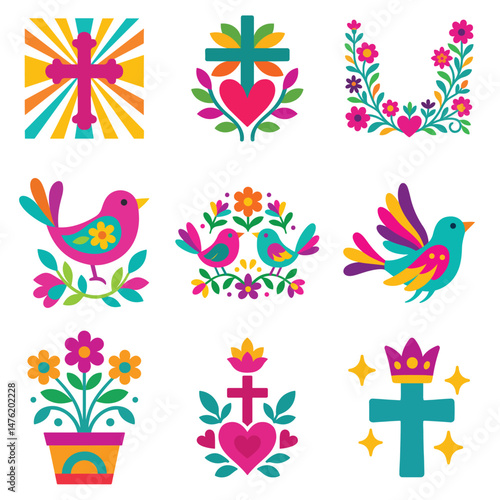Set of Mexican Otomi Bird illustration, colorful Otami fiesta flowers Art, Cute colorful mexican Design Sublimation