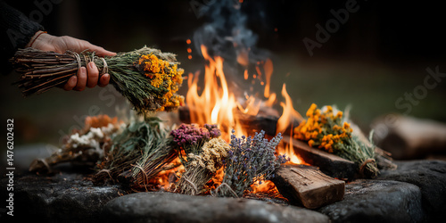 mystical photograph of hands casting herbs into a bonfire during a shamanic ritual under the moonlight, swirling smoke and sparks, dark forest setting,