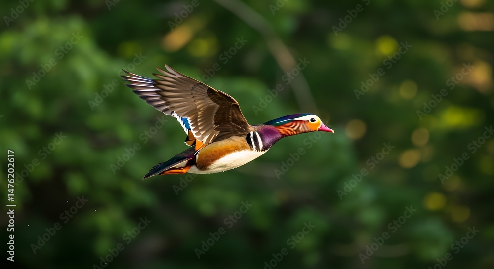 Obraz premium Colorful Mandarin Duck in Flight
