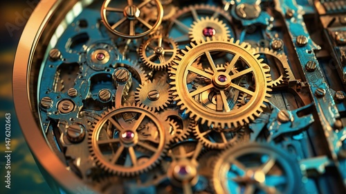 Gears and cogs in clockwork watch mechanism.
