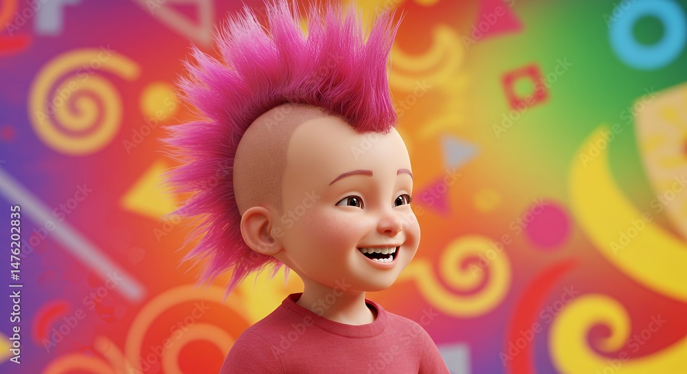 Fototapeta premium Cartoon character with pink mohawk smiling