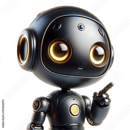 Cute 3D black robot AI with golden eyes pointing and looking up smiling in side view isolated on white background