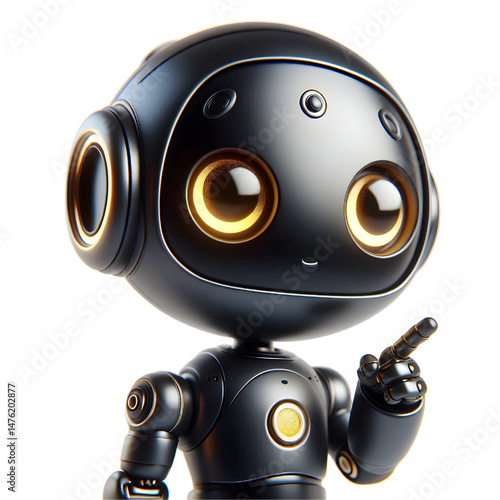 Cute 3D black robot AI with golden eyes pointing and looking up smiling in side view isolated on white background