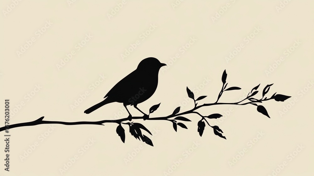 Fototapeta premium Silhouette of a bird perched on a branch with leaves.