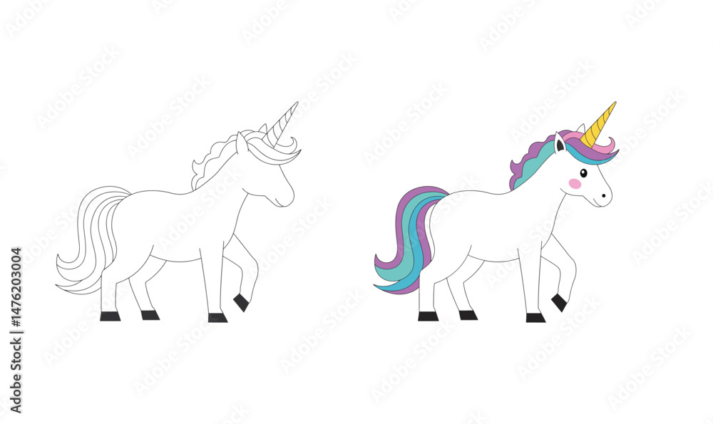 Fototapeta premium Cute Cartoon Unicorn with Rainbow Mane on Pink Background