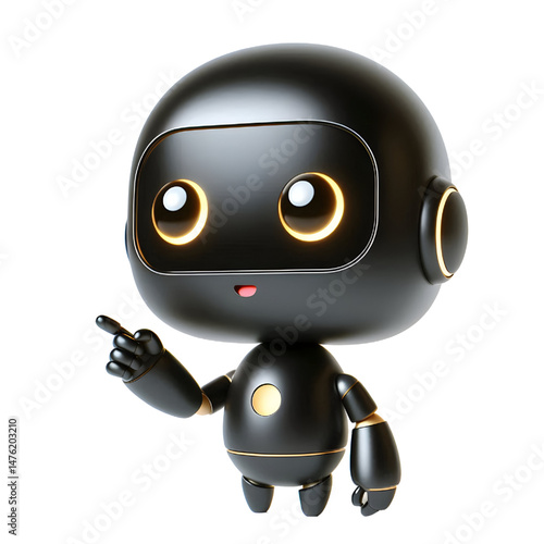 Cute 3D black robot AI with golden eyes pointing and looking up smiling in side view isolated on white background